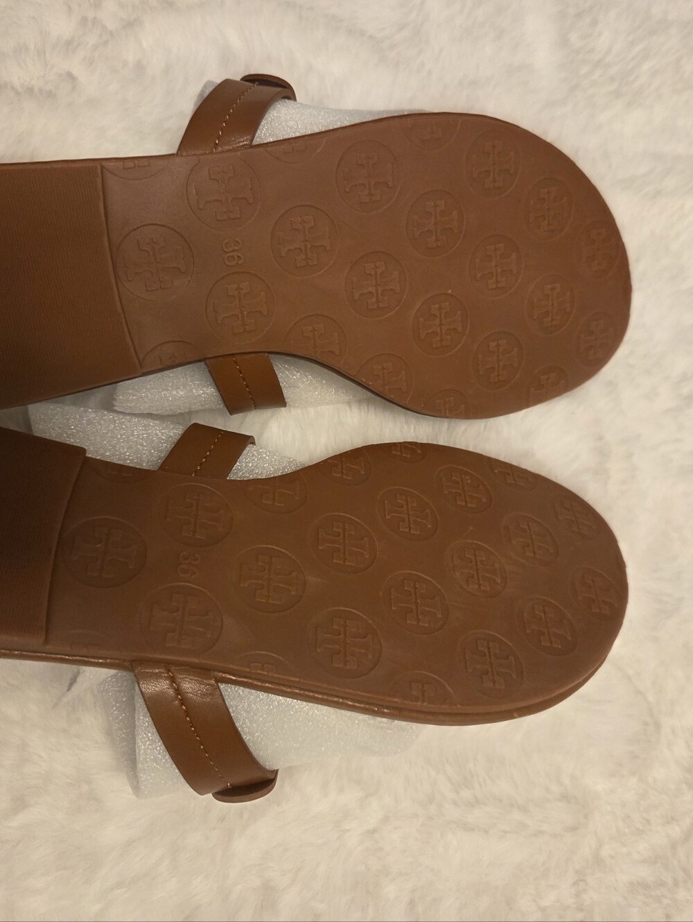 Tory Burch Tan Leather Logo-Emblem Slide Sandals
